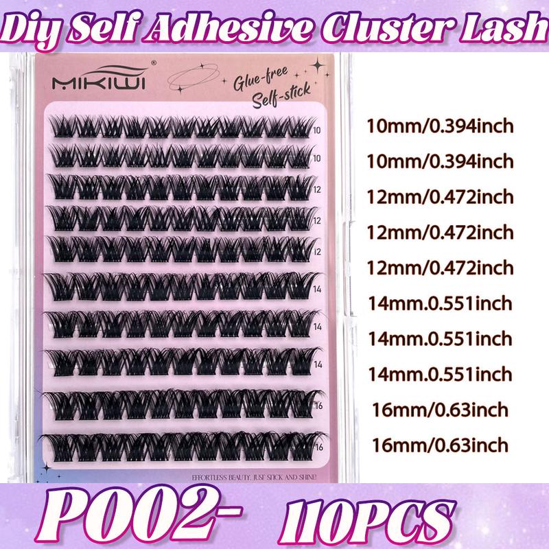MIKIWI D Curl 110PCS Lash Clusters Wispy Glue Free Eyelash Extensions Fluffy Self Adhesive Individual Lashes 10-16mm Mix Length Natural DIY Cluster Lashes With Soft Thin Band