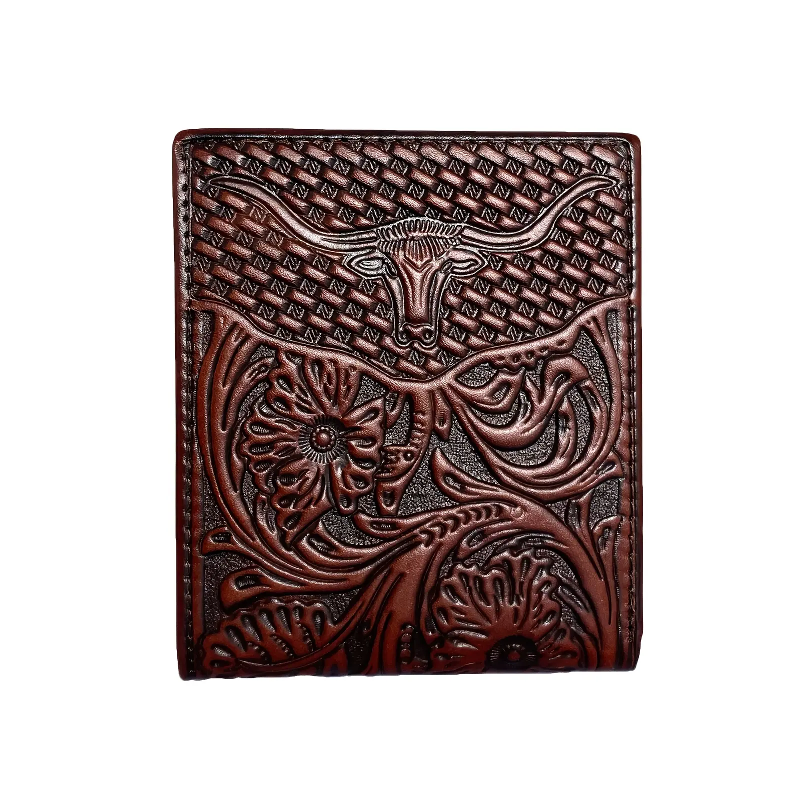 Genuine Leather Wallet for Men, Western Short Bifold with Embossed Cowboy Ox Head & Floral Design, Father's Day Birthday Gift, Fathersdaygift, Men's Accessories