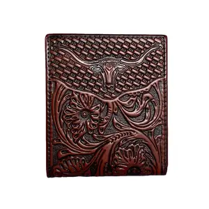 Western Cowboy Floral Embossed Genuine Leather Wallet For Men,Ox Head Embossed Leather Short Bifold Wallet, Ideal Gifts For Father, Grandfather And Husband