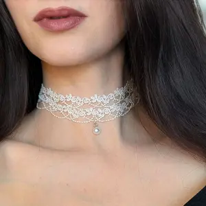 White Roses on Vine Layered Lace Choker Necklace with Pearl Pendant. Bridal Necklace