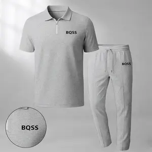 Men's Boss Print Zip-Up Collar Short-Sleeve Polo Shirt And Pants Two-Piece Set, Made With Waffle Knit Fabric, Breathable And Comfortable, Soft Texture, And A Relaxed Fit, Suitable For Everyday Casual Wear.