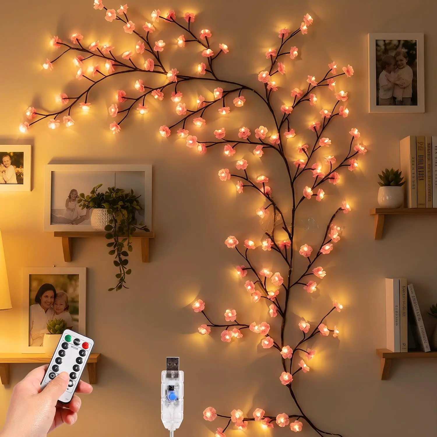 Cherry Blossom Light Up Branches, Led Cherry Blossom Tree Light for Wall, Vine Lights with Remote, 8 Lighting Modes, Christmas Decorations Indoor for Home Wall Door Window