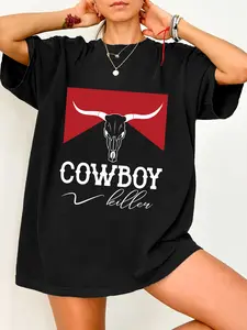 Cowboy Killer Shirt, Womenswear Country Concert Sweatshirt For women, Vintage Inspired Knit T-Shirt, Western Graphic Print Tee, Boho Bull Skull Shirt, Cowgirl Shirt, Fitted