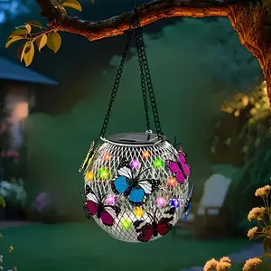 Solar Iron Tennis Lantern Light, Vintage Mesh Pendant Lamp, Outdoor Garden Courtyard Decor, Hollow Lantern Butterfly Pendant Light, Outdoor Decoration Light