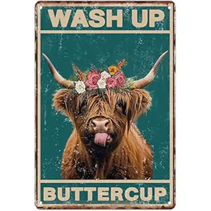 Sanwarm Metal Sign 8X12 Inch, Wash Up Buttercup Funny Highland Cow Vintage Tin Sign Wall Art Decor for Home, Bathroom, Toilet Decoration