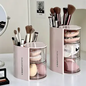 360° Rotating Makeup Storage Box with Transparent Drawers and Brush Holder - Automatic Rotating Acrylic Makeup Organizer, Large Capacity Skincare Organizer with Compartments