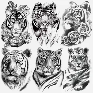 6 Temporary Tattoo Stickers Waterproof Tiger Floral Clock Design, Unisex Adult Body Art Decor, Western Gothic Watercolor Style, Body Fake Tattoos