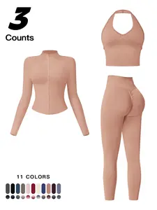 Women's Fall Winter Stand Collar Zipper Warm Windproof Jacket, High Waist Butt Lifting Tight Long Pants Sports Set Three-Piece Sports Fitness Wear