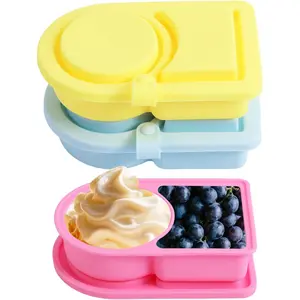 3pcs Silicone Snack Containers with Lids, 2 Compartment Reusable Mini Snackle Box BPA-free Portable Food Storage Snackle Containers for Lunch Travel School Office (Yellow, Blue, Rose)