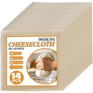 14 Pack Cheese Cloths, 20x20 Inch Cheesecloth Hemmed Edge Unbleached Fine Fabric,  Grade 100  Muslin Cloth for Turkey, Butter, Cooking, Straining, Cheese Making, Juicing, Baking