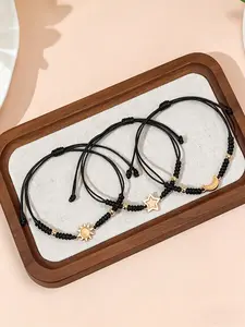 Sun Moon Star Promise Bracelet Set, Couple Bracelets, 3 Pcs Braided Cord, Pendant, Couple Gift, Casual All-Season Accessory