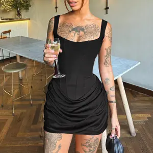 Ugreat Women’s Elegant Ruched Bodycon Corset Mini Dress, Lace-Up Back Drawstring Fishbone Structure Dress, Evening Formal Womenswear Piece, Wedding Guest Dress, Workwear Style Party Dress Summer Square Neck Elegance