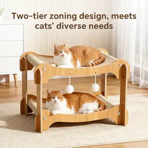 A double-tier elevated cat hammock featuring a natural sisal scratching board paired with a solid wood frame and non-slip base; includes a breathable, washable bed cover and is designed specifically for indoor cats.