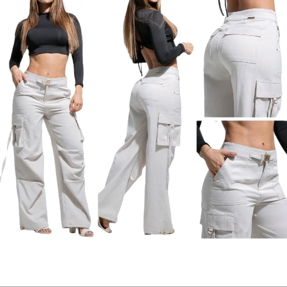 LOWELL Women's Colombian Cargo Pants in Plain White Denim, a Minimalist Fashion-Fit for Casual Elegance and Streetwear Style, Basic, Casual Chic Streetwear, Women's Clothes, Low Waist Style, Cargo Trousers, Utility Style