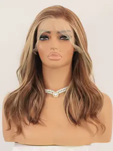 MACA BAKA Emma Honey Brown Blonde Highlight Lace Front Wig with Scandinavian Hairline Low Density 14 Inches Short Wavy HD Synthetic Lace Front Wigs for Women Pre Plucked