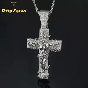 FSTVE 18k Gold Plated Moissanite Large Thorned Rose Cross Pendant with Braided Chain Hip-Hop Fashion Jewelry