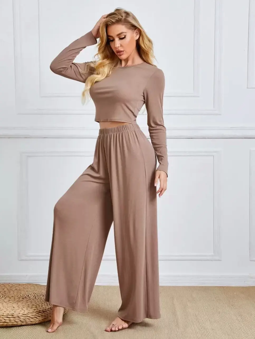 Rib-Knit Long Sleeve Cropped Top and Wide Leg Pants 2-Piece Set in Mocha Brown