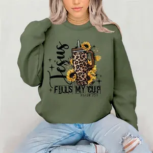 Jesus Fills My Cup Crewneck Sweatshirt Gildan Everyday Style Cotton Super Soft Unisex Fit Streetwear Vintage Graphic Top Womenswear Casual Printed Long Sleeve
