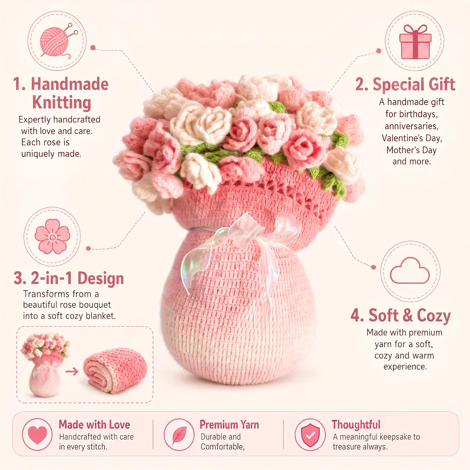 KNITTATRIP 55-in Hand-Crocheted Rose Bouquet Blanket, Soft Gradient All-Season Throw, Handmade Cozy Bedding for Air-Conditioned Offices, Creative Birthday Christmas Gift blankets