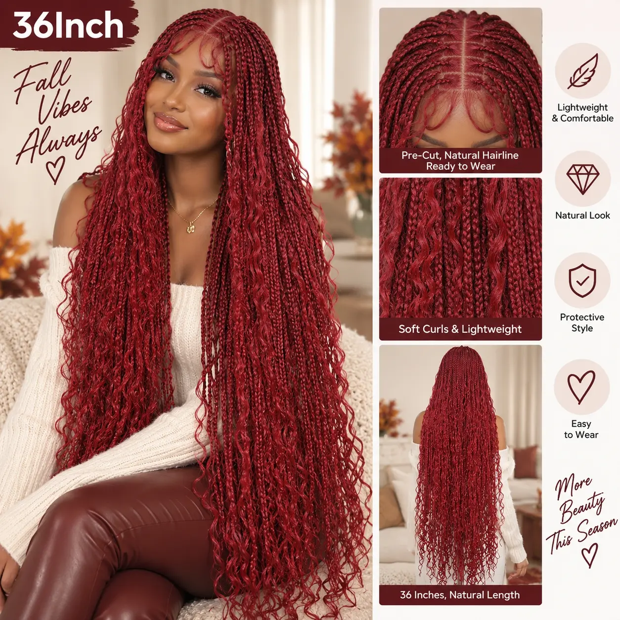 Red Boho Vibes | 36" Full Lace Knotless Box Braided Wig – Wavy Braids, Premium Synthetic, Glueless, Lightweight, Natural Look for Black Women – Holiday Hair Must-Have by SuperNova #SohoChic #TikTokShopStockUp #DealsForYouDays