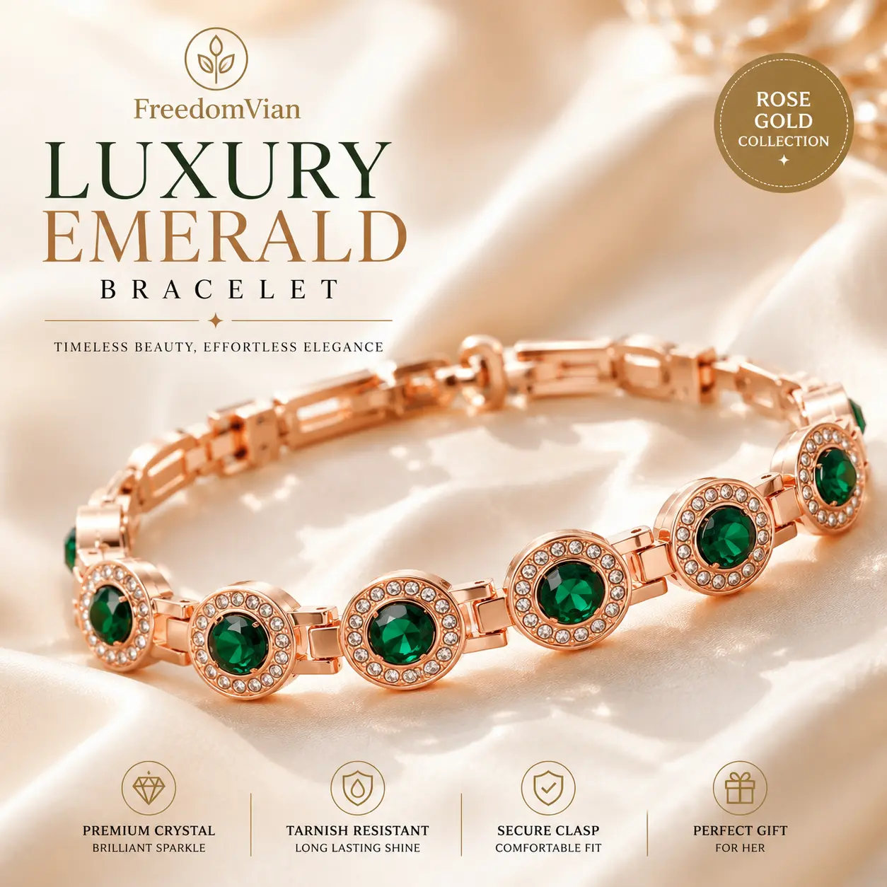 Luxury Rose Gold Emerald Bracelet for Women | Premium Crystal Tennis Bracelet | Elegant Gift Jewelry