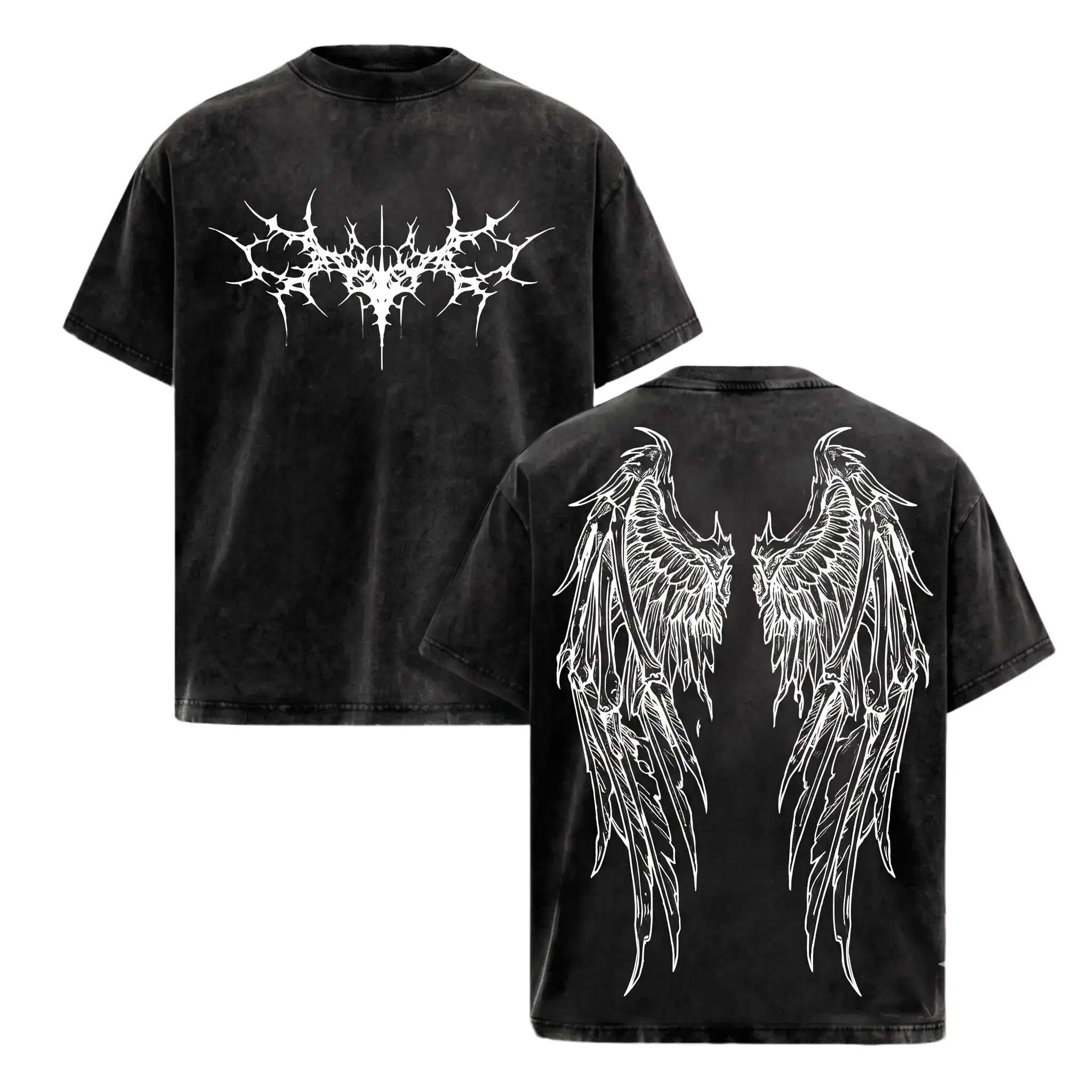 Vintage Wash Oversized Graphic Tee Y2K Gothic Streetwear Skeleton Angel Wings Shirt Alt Grunge Fairycore Clothing Acid Wash Black 100% Cotton T-Shirt Heavy Metal Aesthetic Top Emo Skater Fashion Dark Academia Unisex Casual Wear Festival Outfits Trendy