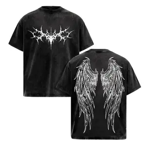 Vintage Wash Oversized Graphic Tee Y2K Gothic Streetwear Skeleton Angel Wings Shirt Alt Grunge Fairycore Clothing Acid Wash Black 100% Cotton T-Shirt Heavy Metal Aesthetic Top Emo Skater Fashion Dark Academia Unisex Casual Wear Festival Outfits Trendy