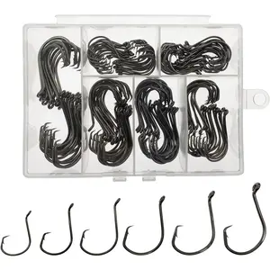 160PCS Saltwater Circle Fishing Hooks, Fish Hooks for Fishing Gear Tackle, Catfish Octopus Hook #1 1/0 2/0 3/0 4/0 5/0 6/0 8/0 Black High Carbon Steel with Portable Plastic Box