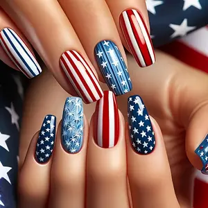 Medium-Length Independent Day Nail Art Stripes Star Wearable Nails, Press On Nails, Detachable Reusable Geometric Nail Stickers, Festival Party Event Nail Decorations