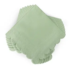 100 Pcs Sage Green Napkins Scalloped Edged Dessert Cocktail Napkins Folded 5 x 5 Inches Disposable Napkins for Dinner Wedding Birthday Party