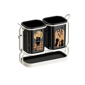 1pc Carbon Steel Kitchen Utensil & Knife Organizer, Kitchenware, with 2 Utensil Buckets, 2-In-1 Countertop & Wall Mounted Storage Rack, Detachable Drip Tray, Cat Pattern Design, Durable, for Storing Knives, Chopsticks, Spoons, Cooking Tools