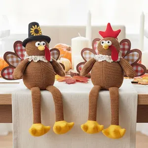 Set of 2 Turkeys with Dangling Legs, Plush Turkey Couple Doll Tabletop Centerpieces for Fall Harvest Christmas Home Kitchen Shelf Decor (Brown)