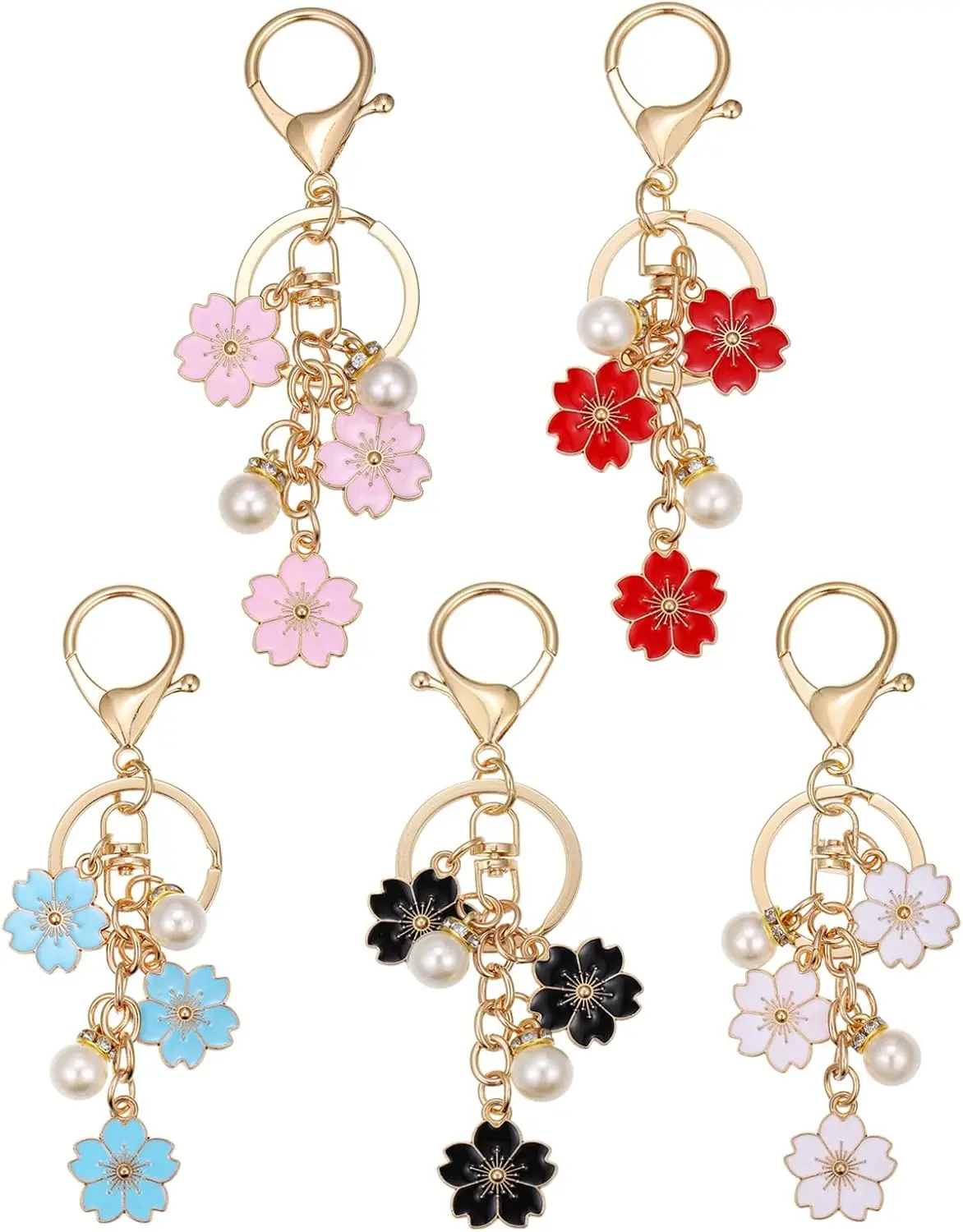 5PCS Pink/White/Black/Blue/Red Flower Key Chains for Women Cute Pearl Bag Charms Enamel Keyring for Handbag Backpack Decor Gifts Keychain Accessories