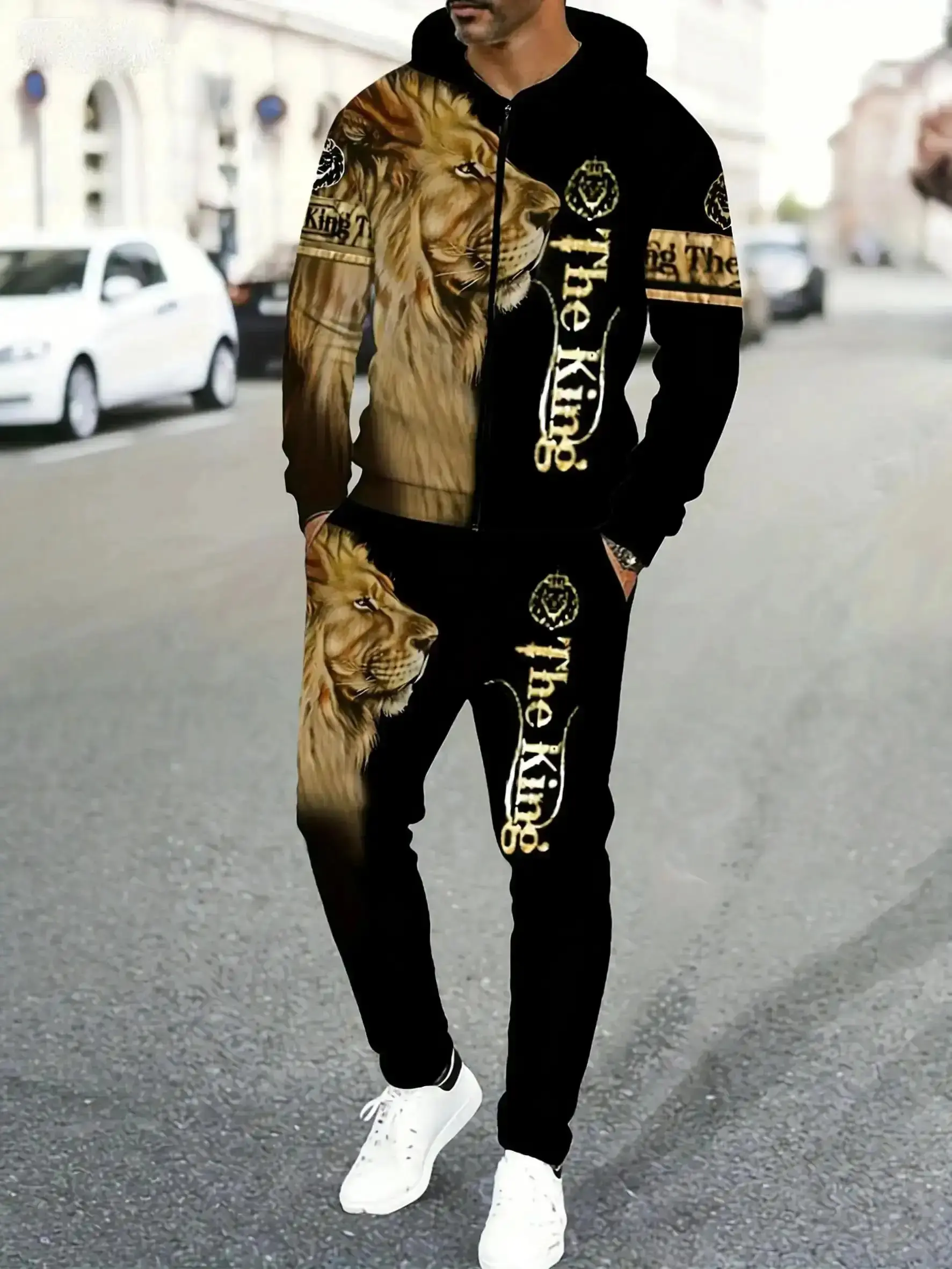 Men's "The King" Lion Pattern Sports Set with Zipper Hoodie and Jogger Pants, Bold 3D Print Streetwear, Casual and Hip Hop Style Athletic Training Apparel Athletic Workout Clothing, Cozy, Classic