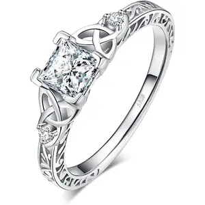 Vintage Celtic Knot 1.2ct Princess Cut CZ Solitaire Engagement Ring for Women, 925 Sterling Silver Bridal Jewelry, Anniversary Gift, Promise Ring, Dainty Wedding Band