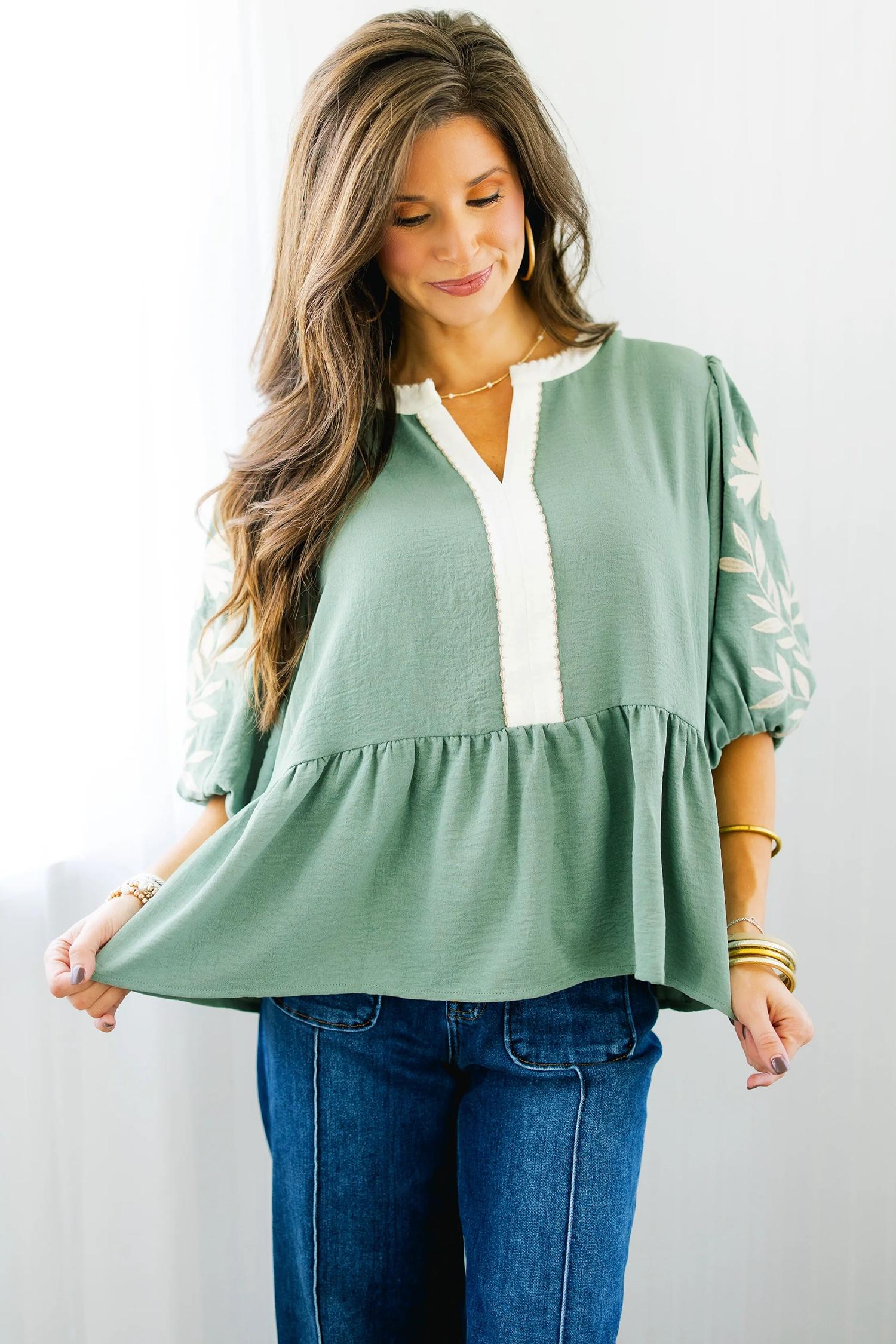 Women's Smoke Green Color Block Patchwork V-Neck Embroidered Puff Sleeve Babydoll Blouse, Casual Everyday Flowy Summer Tops for Women, Cute Preppy Peplum Shirts, Chic Boho Embroidered Blouses, Romantic Aesthetic Apparel