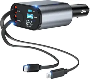 4-in-1 Retractable Car Charger, 100W USB-C Fast Adapter with Lightning Cable & Dual Ports for iPhone, iPad, AirPods, Samsung, Google Pixel