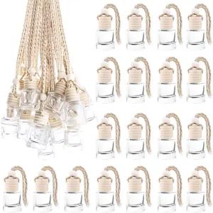 50 Pcs/Set,8ml Hanging Car Air Freshener Diffuser,Empty Refillable Clear Glass Essential Oil Fragrance Perfume Diffuser Pendant Glass Vials with Wooden Caps & Hanging String,Cylindrical Style