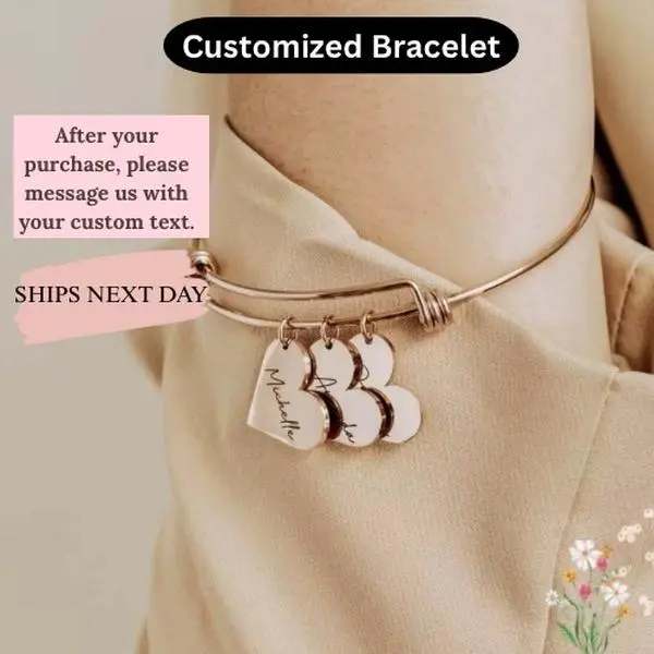 Personalized Heart Name Bracelet | Custom Engraved 1–6 Names | Adjustable Stainless Steel Bangle | Meaningful Gift for Mom & Women