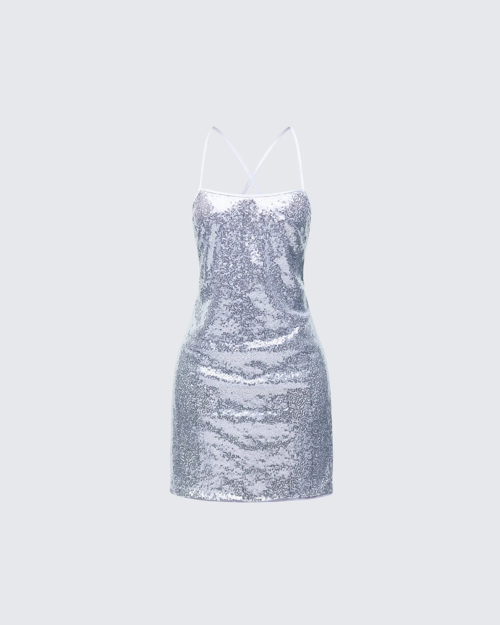 Women's Silver Sequin Bodycon Mini Dress - Crisscross Back Party Fit for a Birthday Glow Up, Polyester, Straps, Going Out, Outfit Of The Night, Dress Up, Criss Cross, All‑Over Sequins