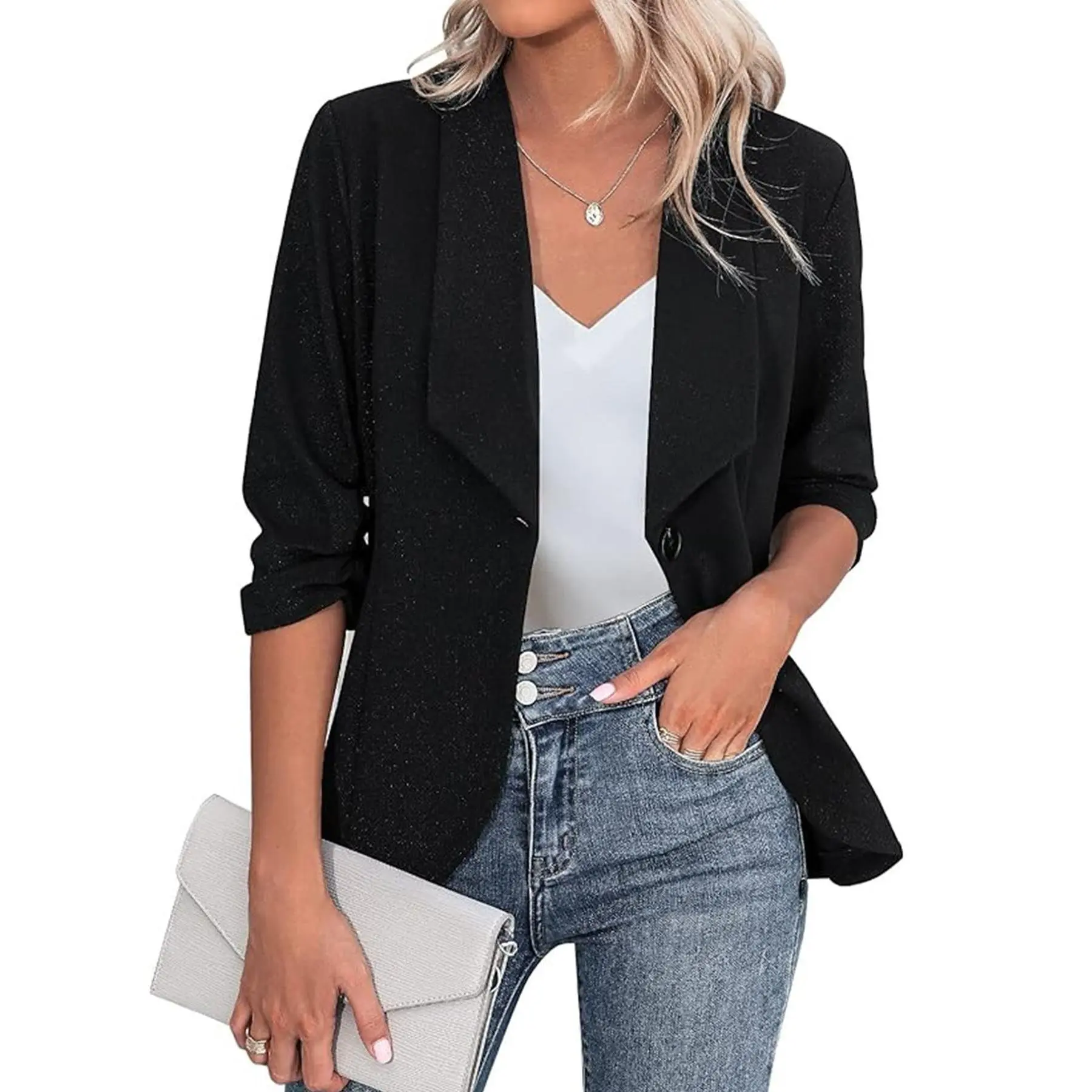 Renaishow Women's Fitted Open Front Blazer Jacket, Casual Lightweight Style with 3/4 Ruched Sleeve and Lapel for Office Work, Formal, Comfortable