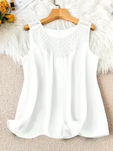 Lace Cut Out Round Neck Tank Top, Summer Chiffon Loose Fit Conceal Belly Inner Wear, Sleeveless Upper Garment