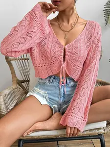Women's Solid Color Cardigan, Casual Hollow Out Long Sleeve Knitwear for Summer, Fashion Women's Knit Clothing for Daily Wear, Womenswear