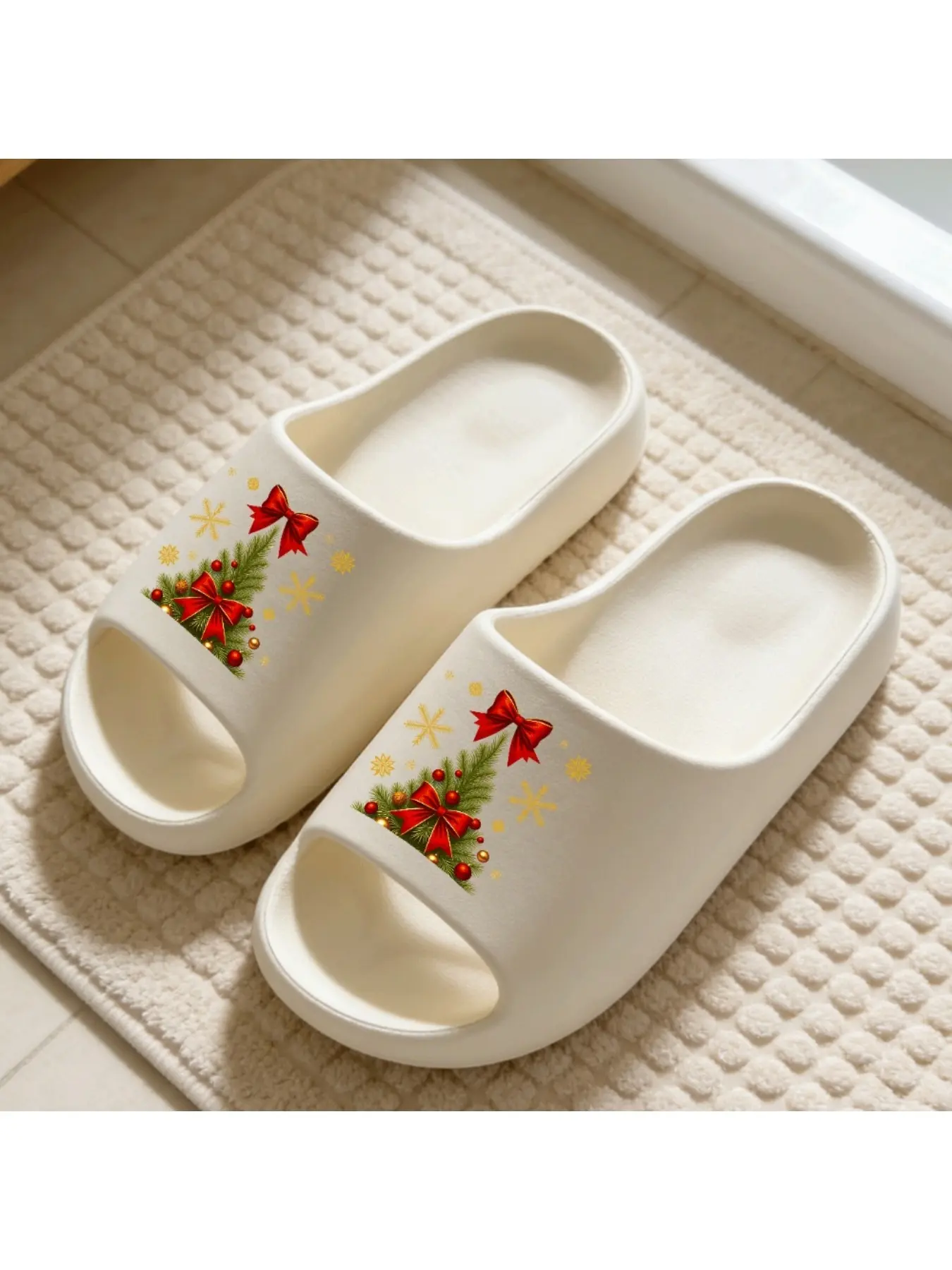 Women's Christmas Style Slippers, Bow Print, Soft Eva Sole, Non-Slip Quiet, All Seasons, Bathroom, Bedroom, Beach