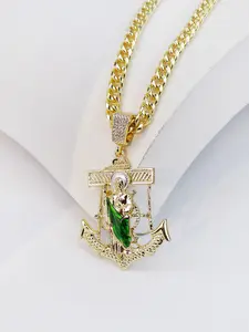 1 Piece Personalized St. Jude (San Judas Tadeo) Plated Gold Cuban Link Anchor Motif Necklace, Men's Faith Pendant Jewelry, Unisex Fashion Accessory, Plated Gold Necklace