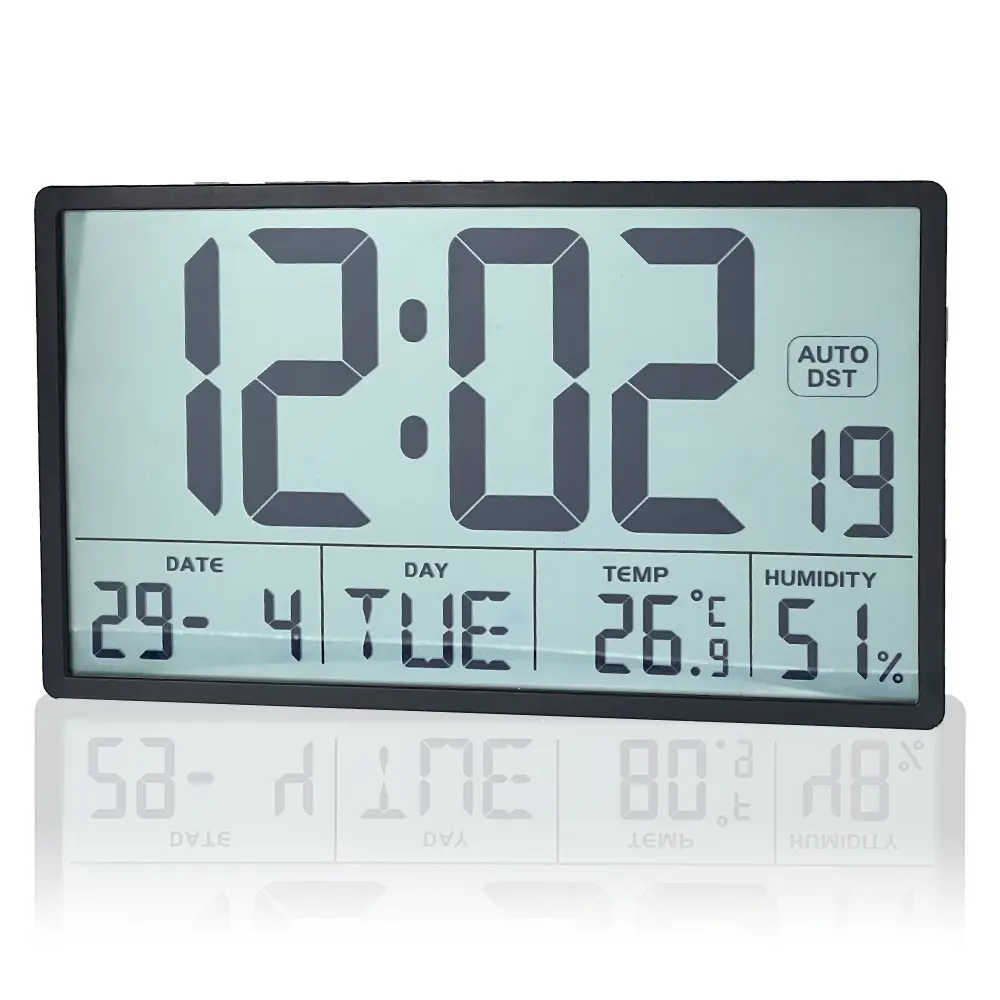 8'' Large Digital Wall Clock with Jumbo Numbers, LCD Screen, Temperature & Date Display, Auto DST, Battery-Powered, Durable Plastic Square Design, Indoor/Outdoor Use, Decor for Home, Office - Modern Easy-Read Clock for Elders, Plastic/Metal