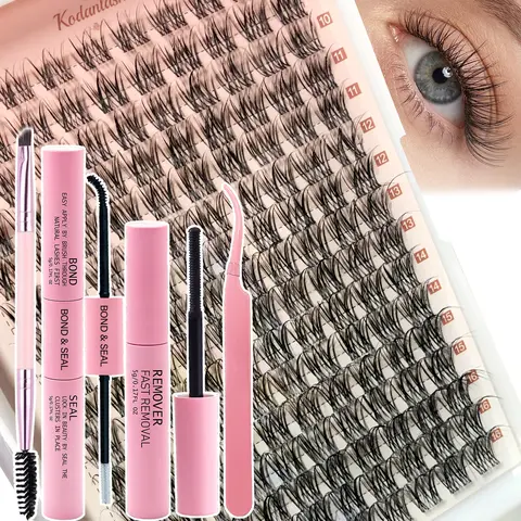 160PS D-Curl Wispy Lash Clusters Kit with Invisible Thin Band, 9-16MM Lengths, Invisible Bonds and Seals, Lash Remover, Mascara Brush & Cosmetic Tool Set for Voluminous Look, Kit Set
