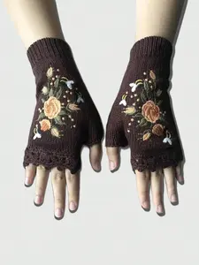 ROMWE Fairycore 1pair Women Floral Embroidered Fingerless Gloves Valentines