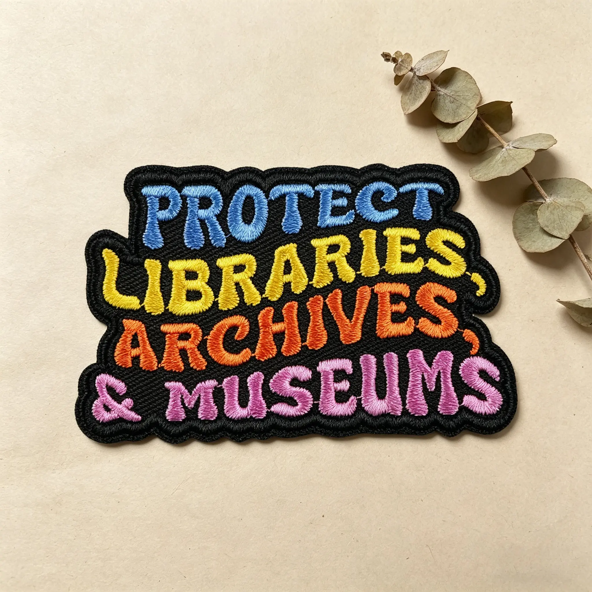 Protect Libraries Archives & Museums Embroidery Patch, Lettered Embroidery, Adhesive Iron-On, Suitable for Clothes Jackets Hats Accessories, Embroidered Letters, Embroidered Patches