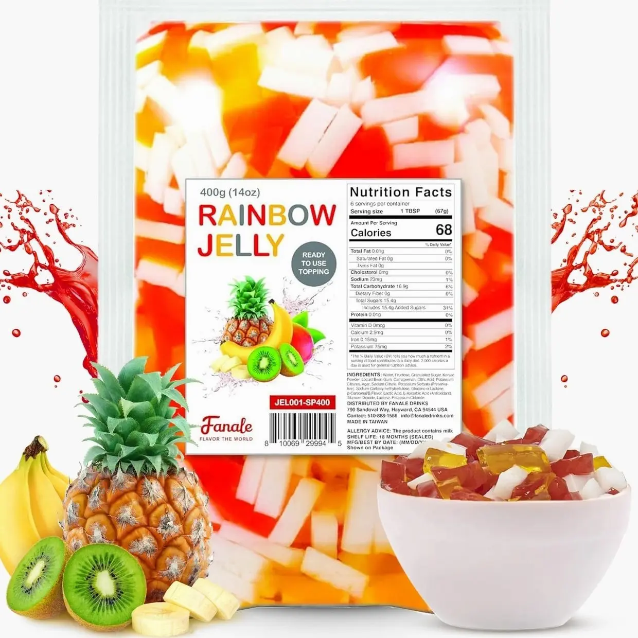 Fanale Coconut Jelly Topping nata de coco for Bubble Tea | Rainbow Konjac Jelly Topping for Boba Tea, Smoothies, Slushes, Desserts 400g(Pack Of 1)